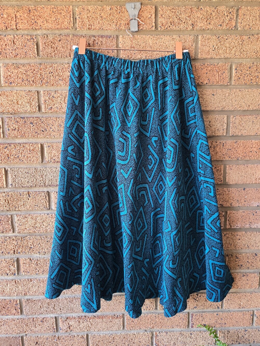 VTG 80s 90s Silver Threads Teal Diamond Pattern Knit A-Line Midi Skirt M